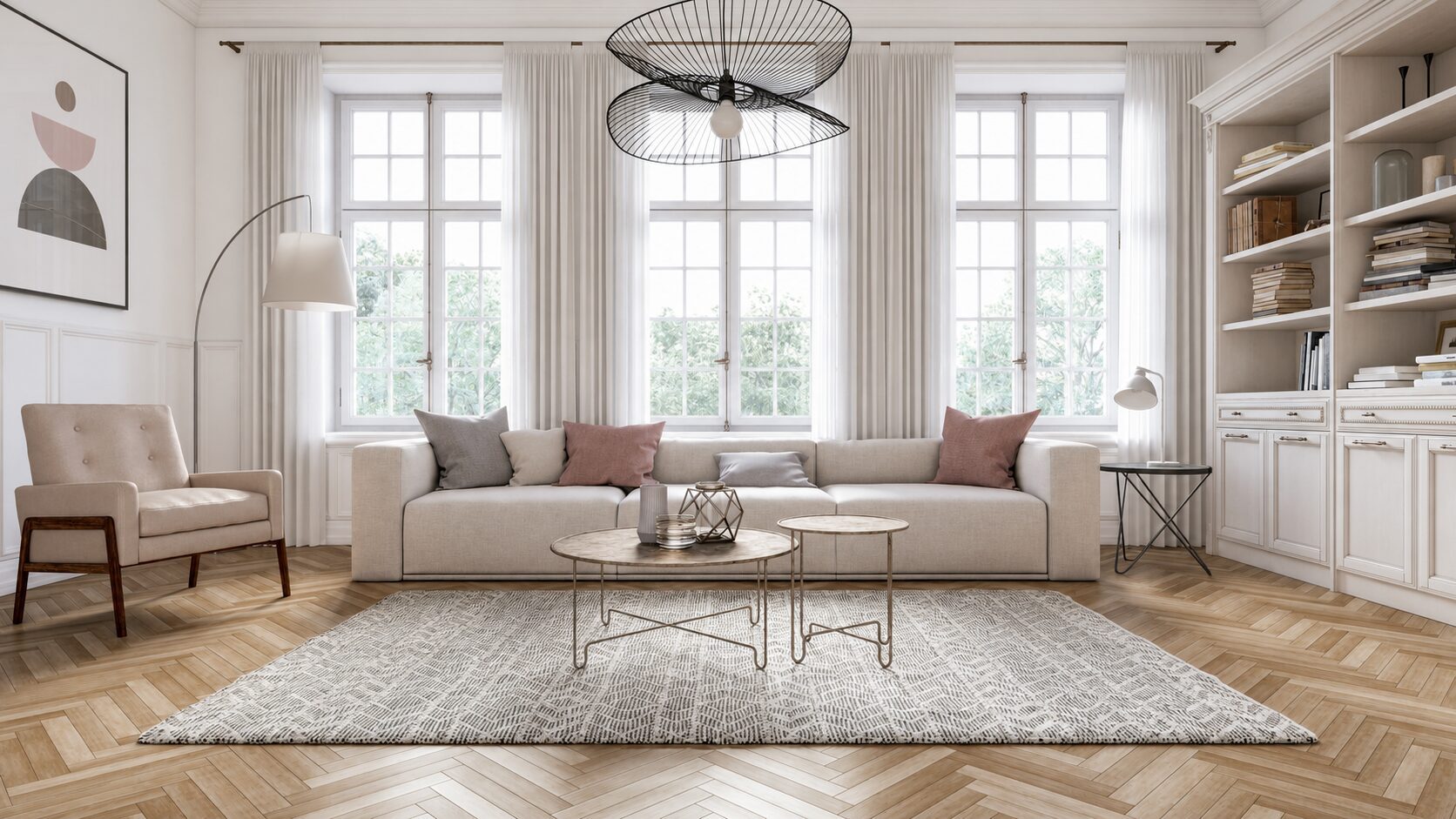 Bright modern living room with large windows