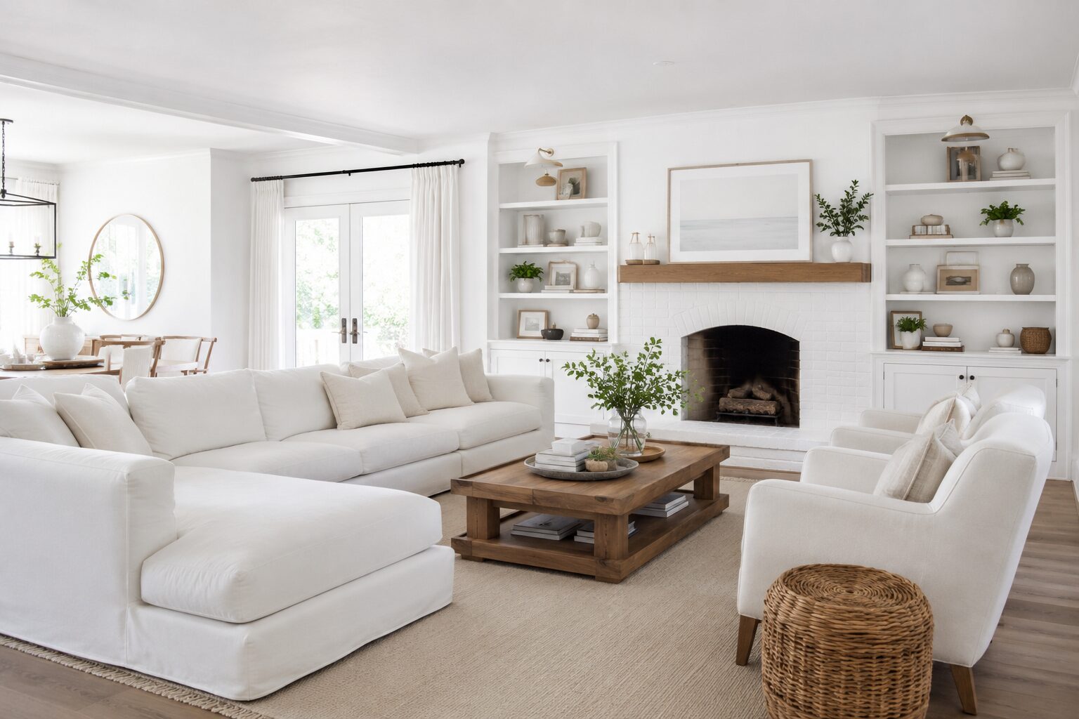Bright modern white living room with fireplace