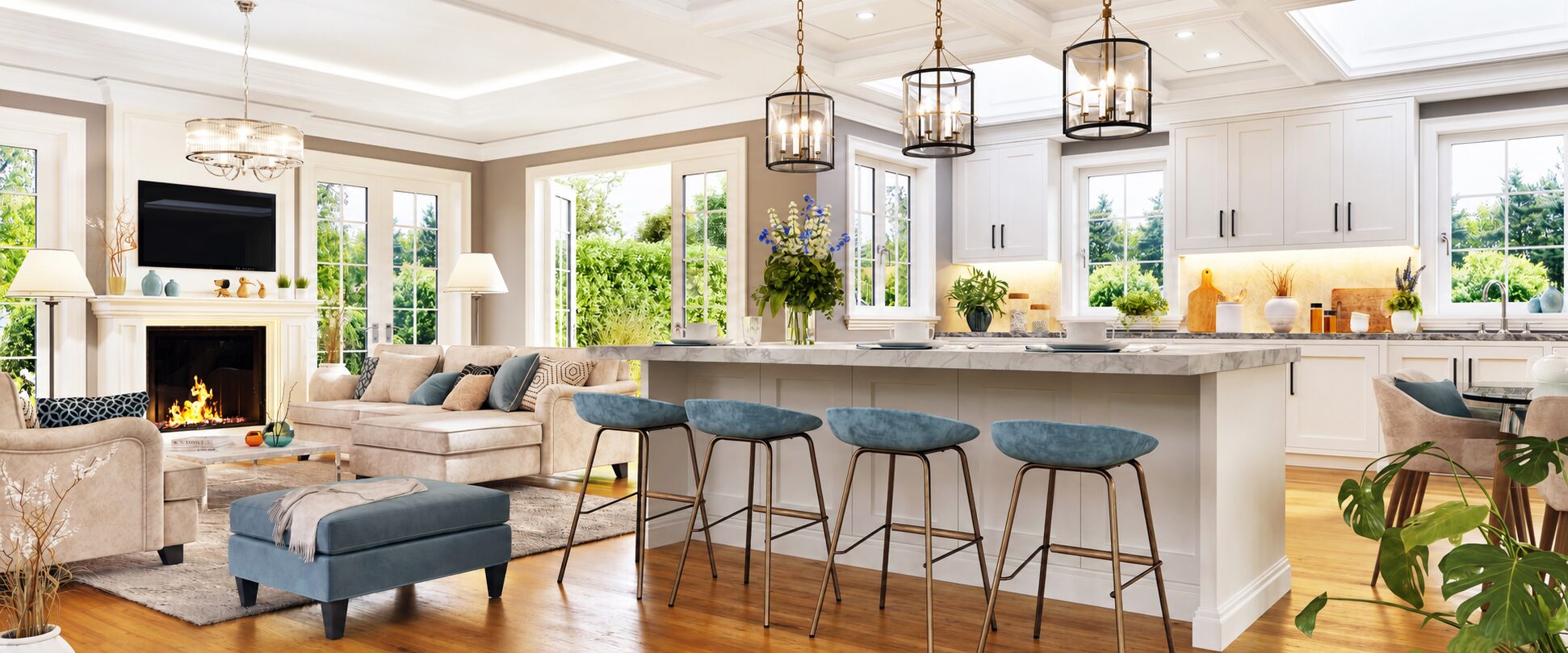 Open-plan kitchen with island and stools